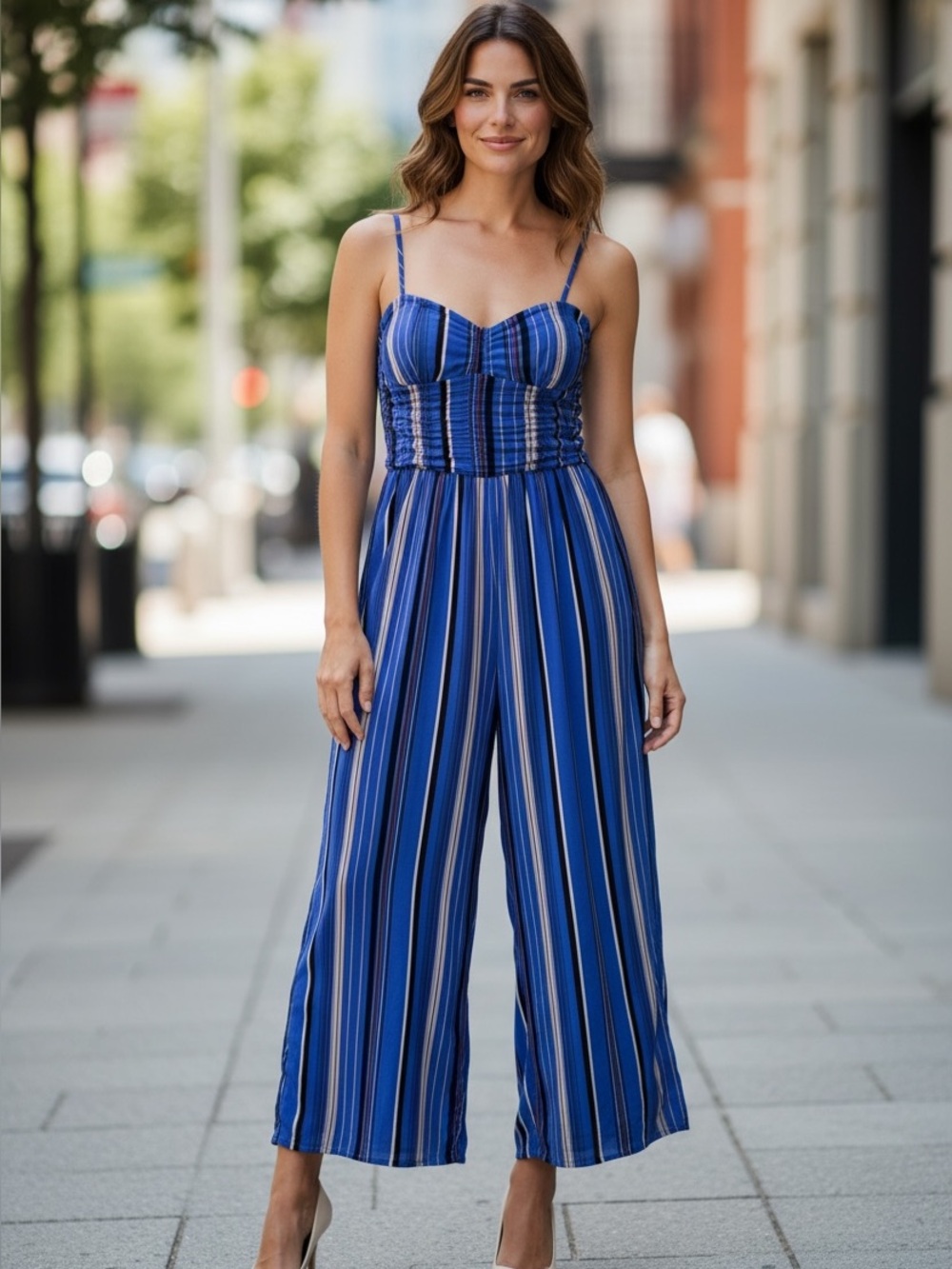 Band of Gypsies Blue Striped Sweetheart Jumpsuit Size Small Smocked Wide Leg